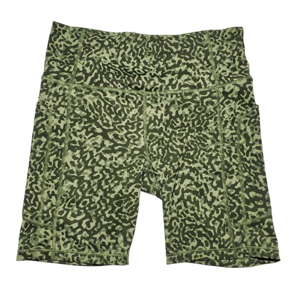 Athleta Ultimate Stash II Shorts Women's M Green Animal Cheetah Print Biker - Picture 1 of 8
